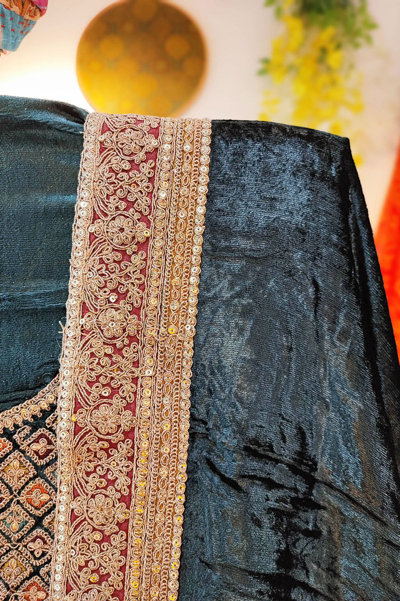 Velvet Suit Set with Exquisite Zari Handwork on Neck and Borders