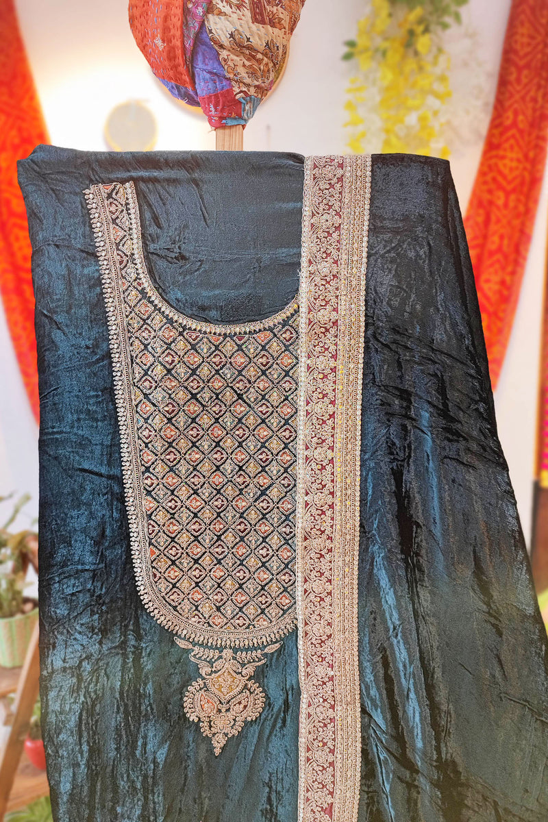 Velvet Suit Set with Exquisite Zari Handwork on Neck and Borders