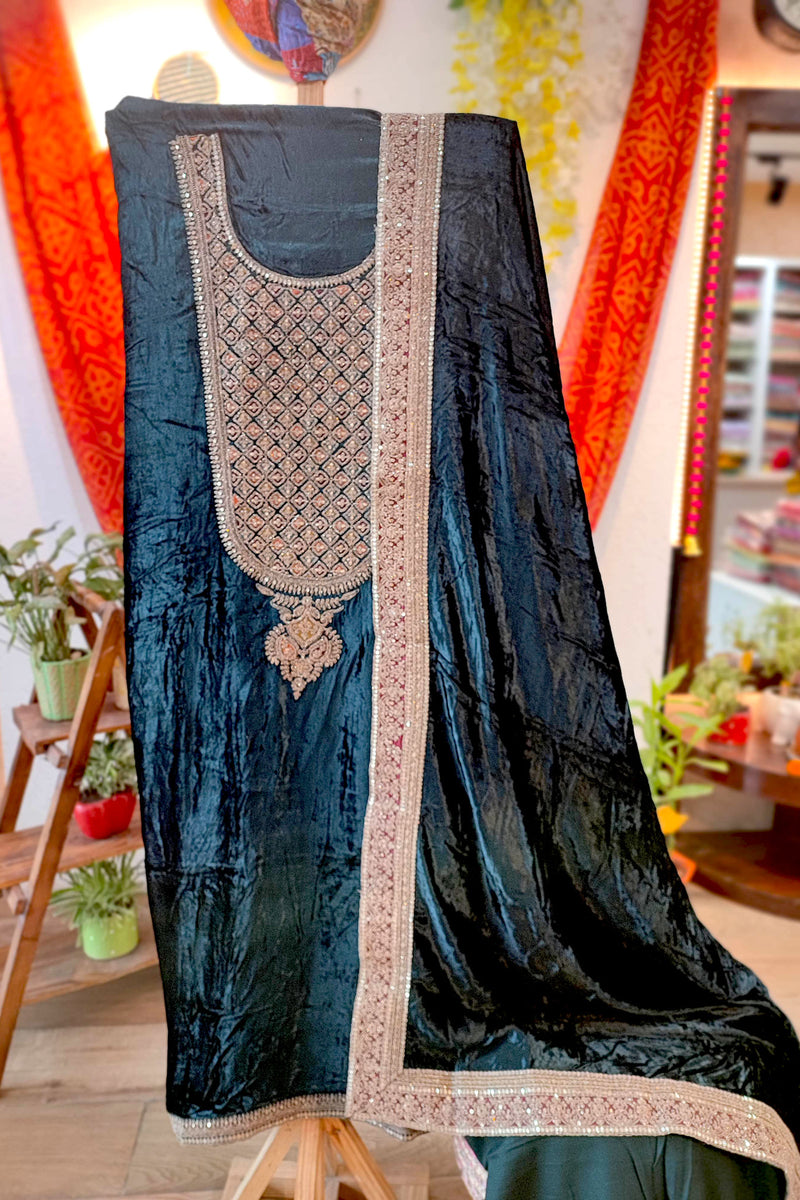 Velvet Suit Set with Exquisite Zari Handwork on Neck and Borders