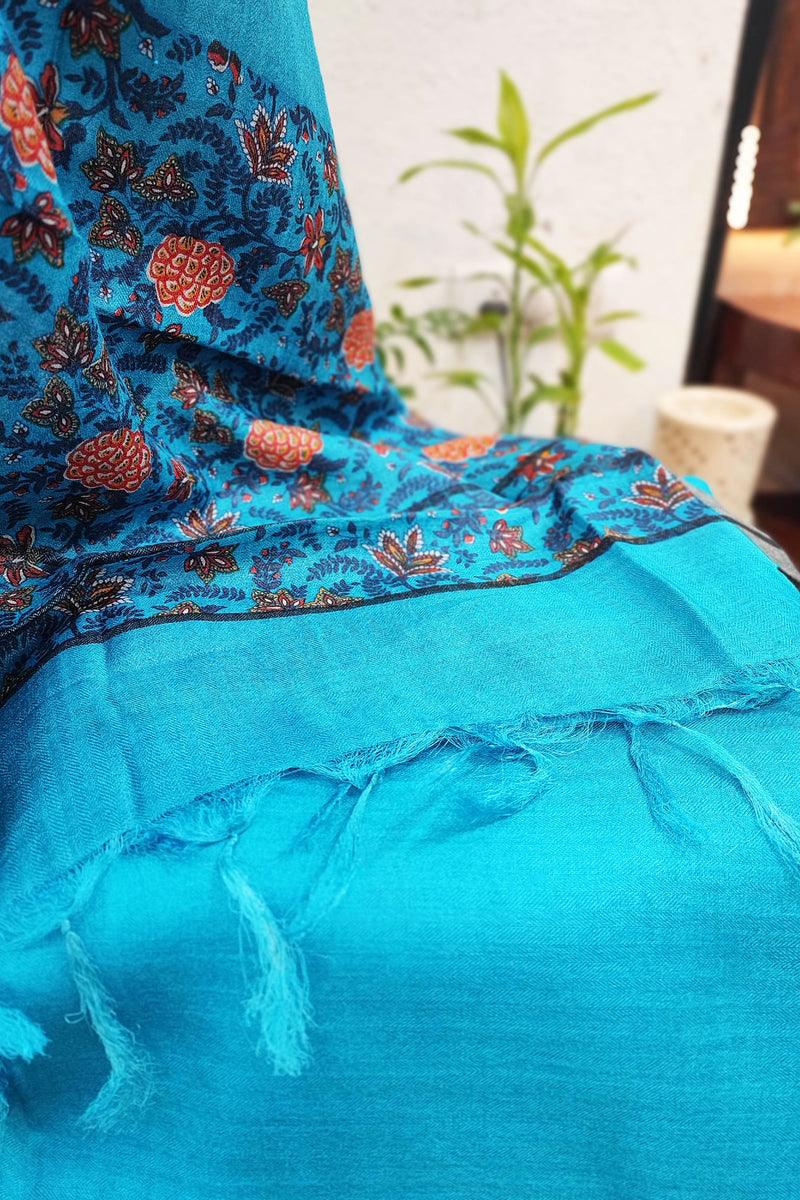 Electric Sky Blue Pure Pashmina Printed Silk Suit