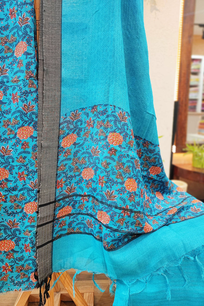 Electric Sky Blue Pure Pashmina Printed Silk Suit