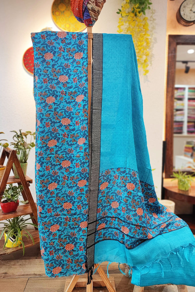 Electric Sky Blue Pure Pashmina Printed Silk Suit