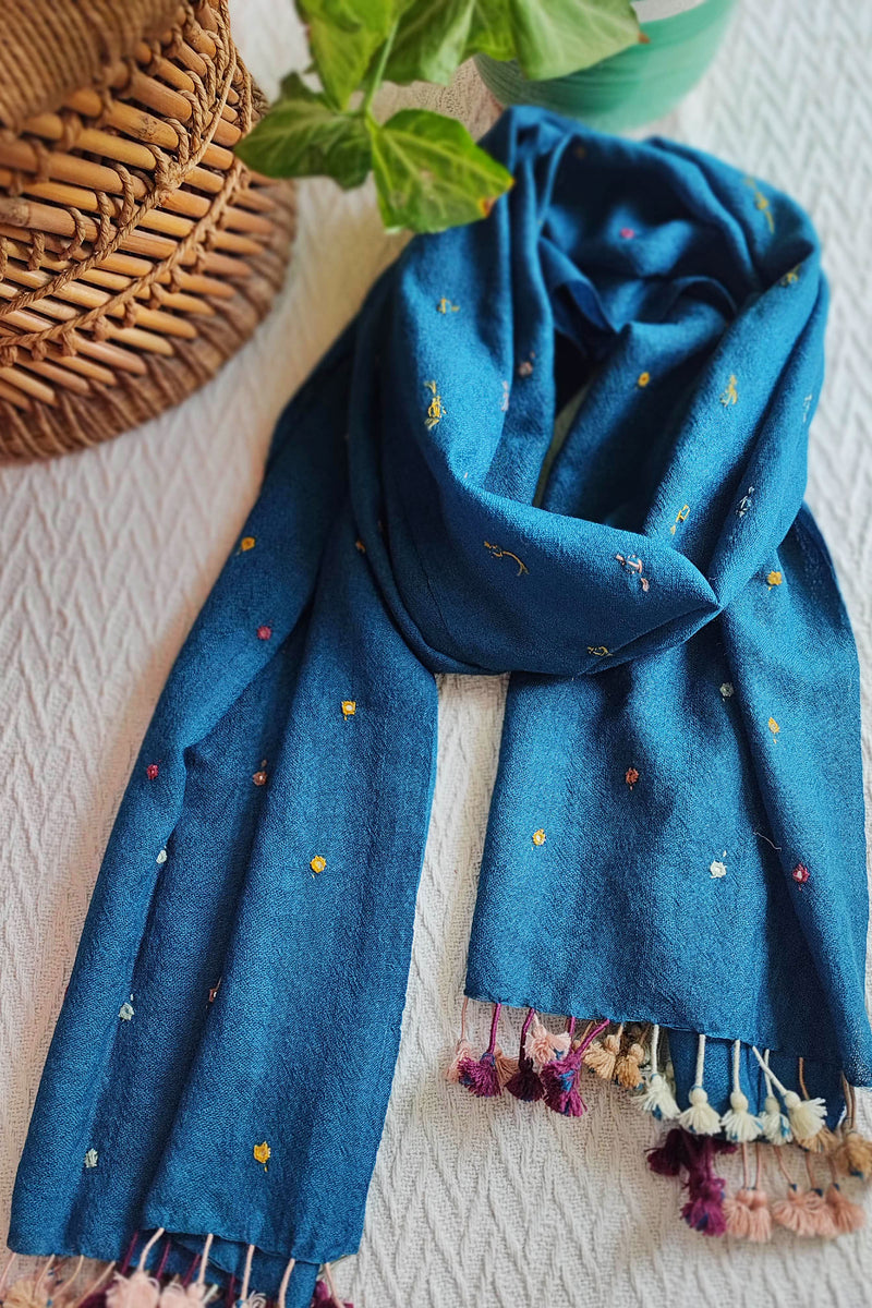 Dark Denim Blue Pure Wool Woven Handloom Stole With Mirror Work