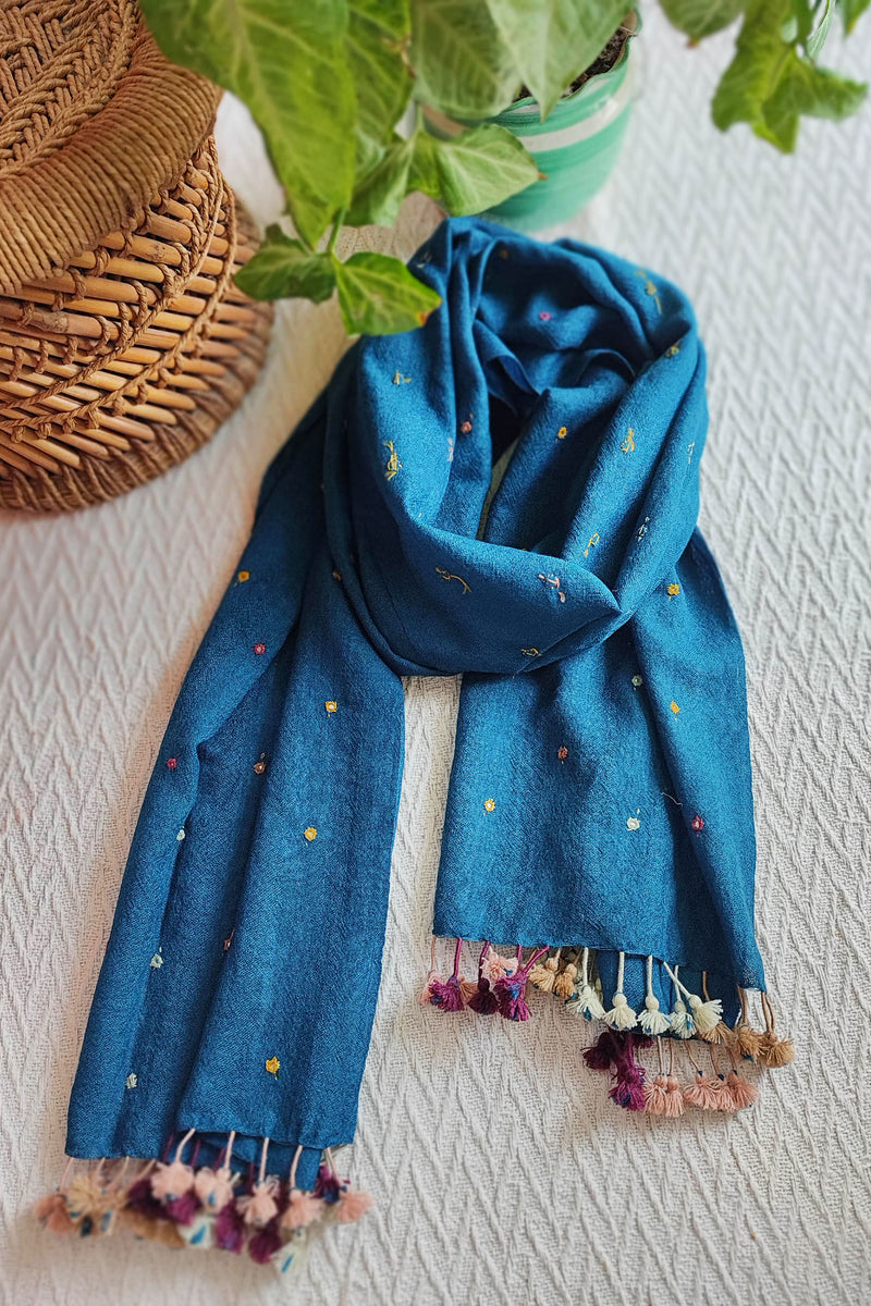 Dark Denim Blue Pure Wool Woven Handloom Stole With Mirror Work