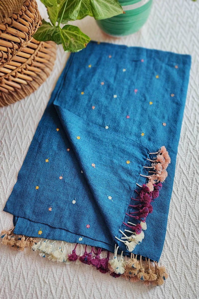 Dark Denim Blue Pure Wool Woven Handloom Stole With Mirror Work