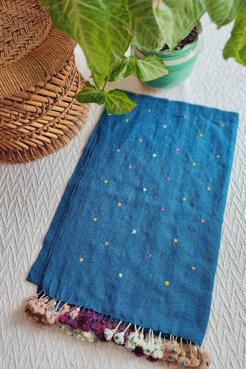 Dark Denim Blue Pure Wool Woven Handloom Stole With Mirror Work