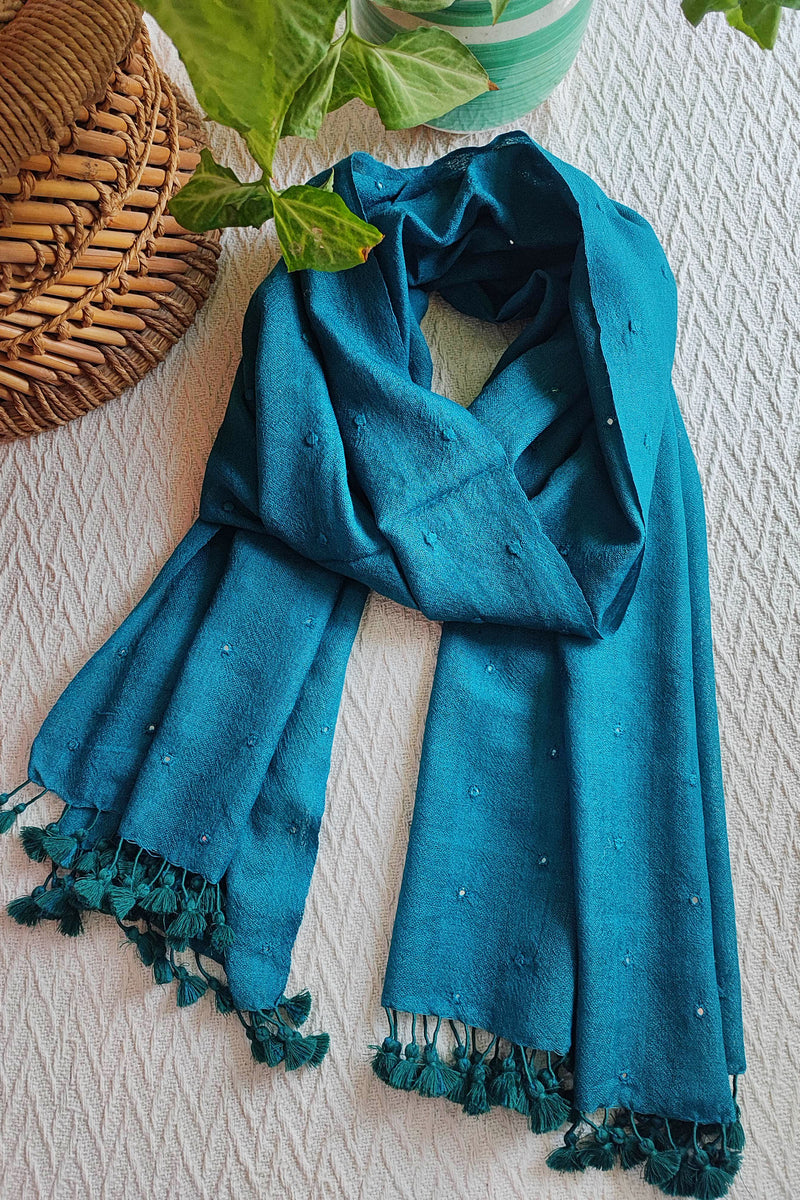 Dark Turquoise Pure Wool Woven Handloom Stole With Mirror Work
