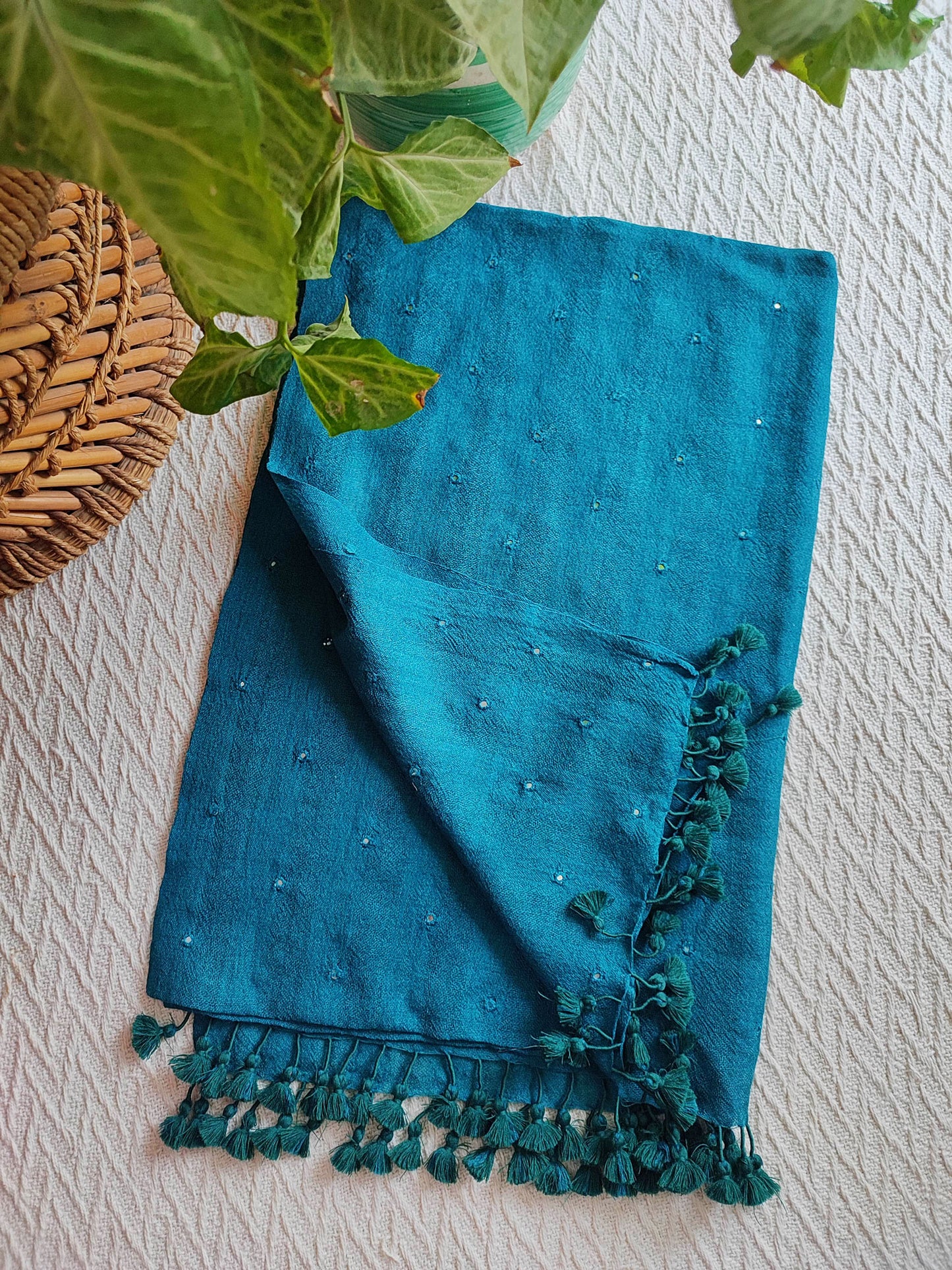 Dark Turquoise Pure Wool Woven Handloom Stole With Mirror Work