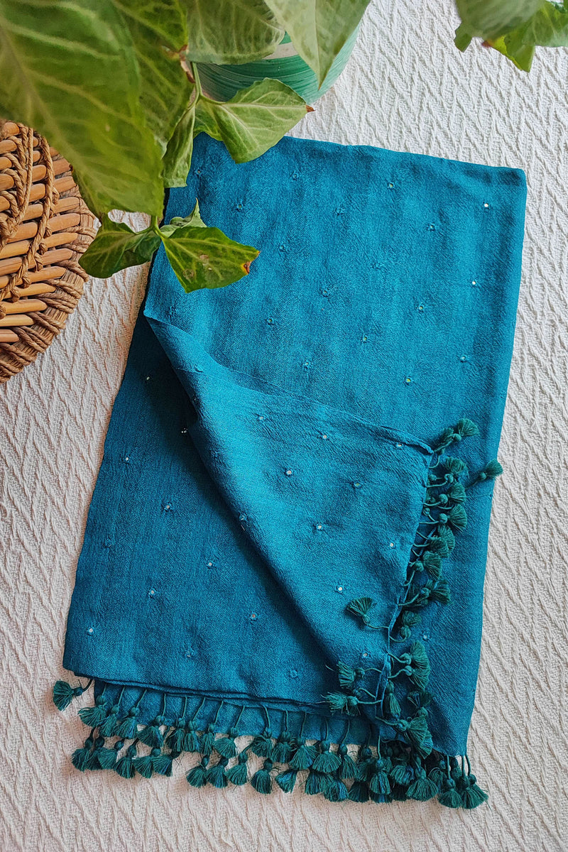 Dark Turquoise Pure Wool Woven Handloom Stole With Mirror Work