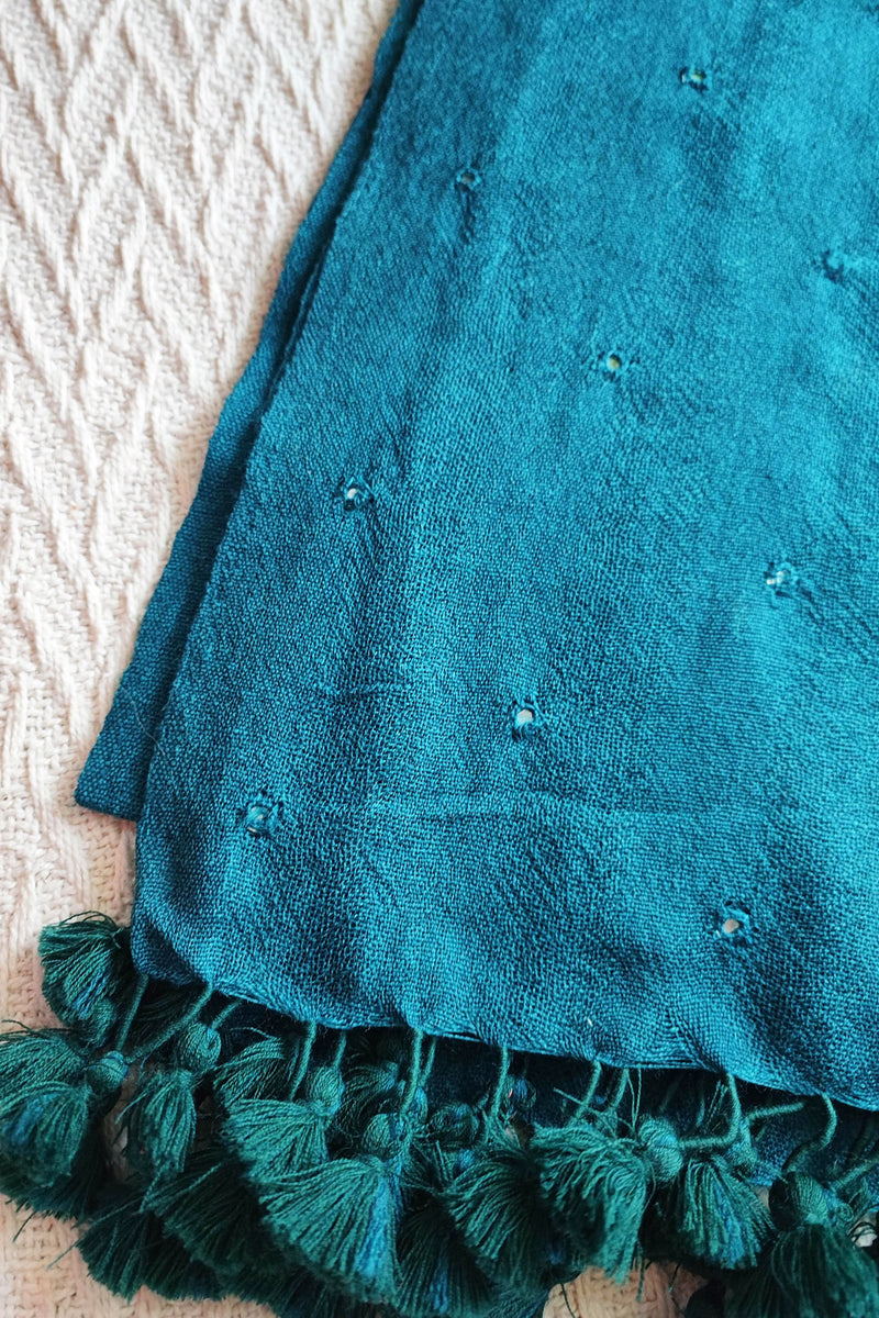 Dark Turquoise Pure Wool Woven Handloom Stole With Mirror Work