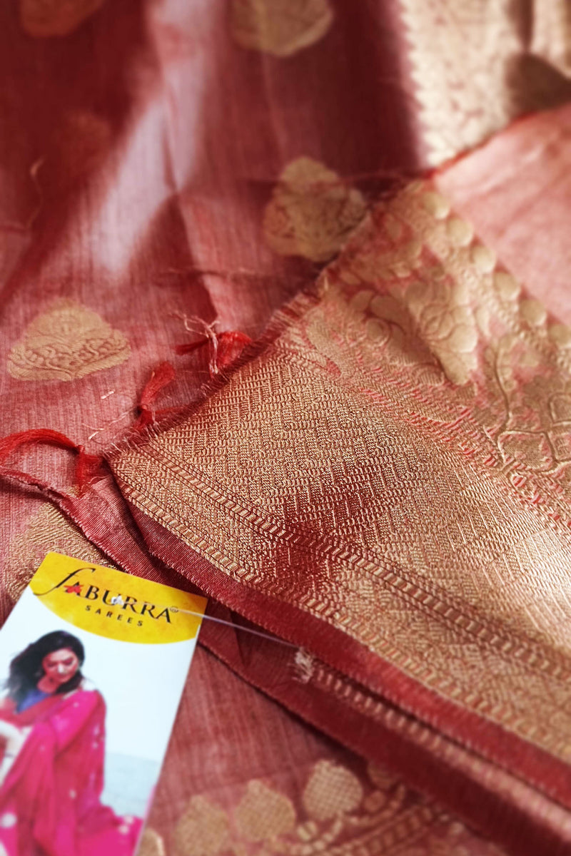 Dark Peach Handloom Silk Saree with Zari Work and Border