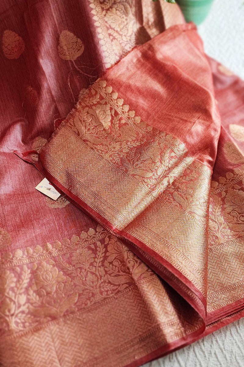 Dark Peach Handloom Silk Saree with Zari Work and Border