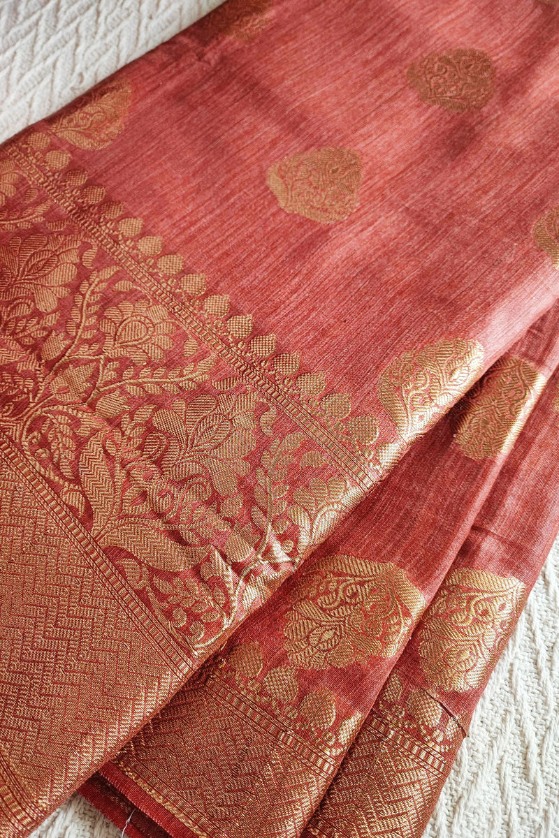 Dark Peach Handloom Silk Saree with Zari Work and Border