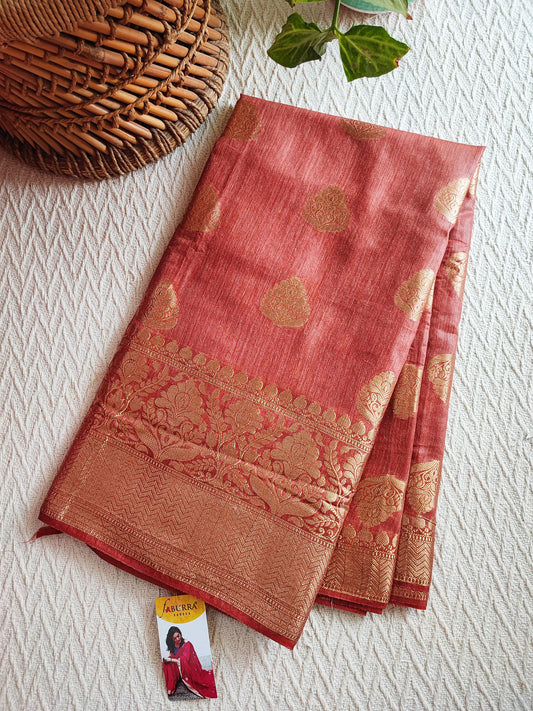 Dark Peach Handloom Silk Saree with Zari Work and Border