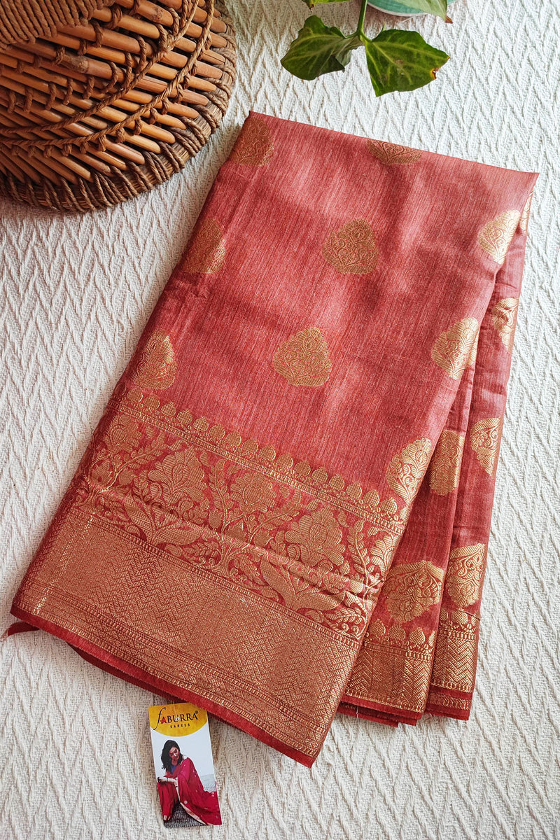 Dark Peach Handloom Silk Saree with Zari Work and Border