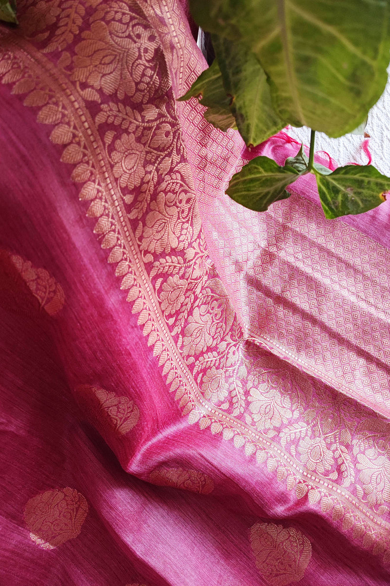 Deep Pink Handloom Silk Saree with Zari Work and Border
