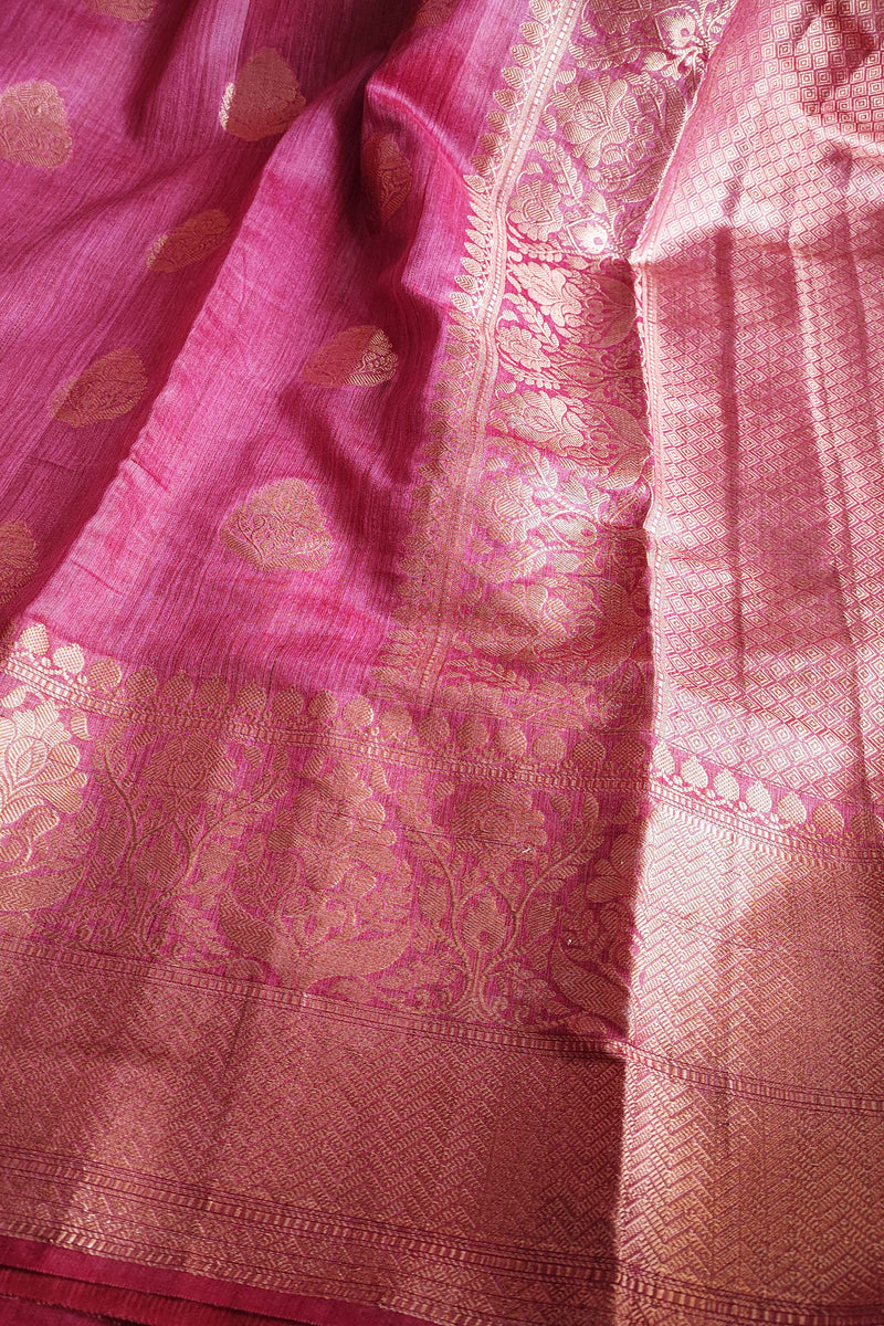 Deep Pink Handloom Silk Saree with Zari Work and Border