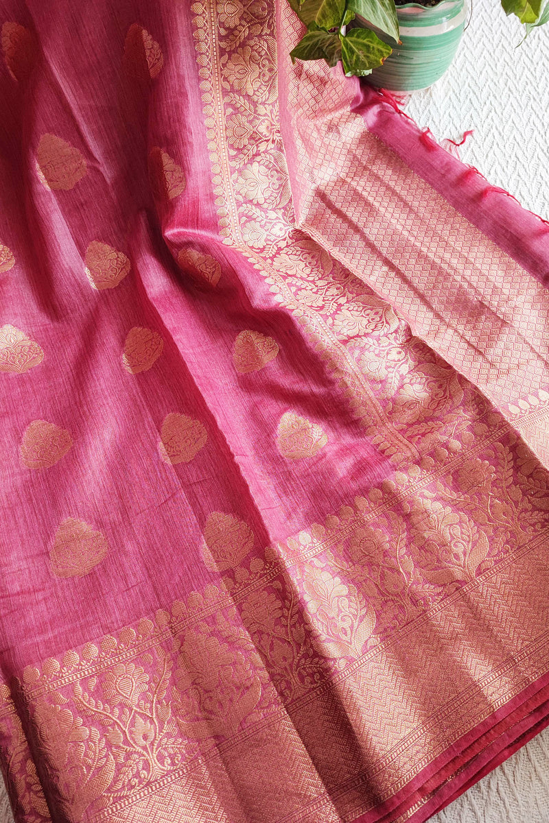 Deep Pink Handloom Silk Saree with Zari Work and Border