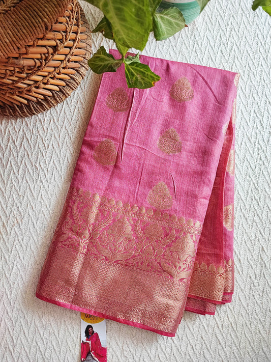 Deep Pink Handloom Silk Saree with Zari Work and Border