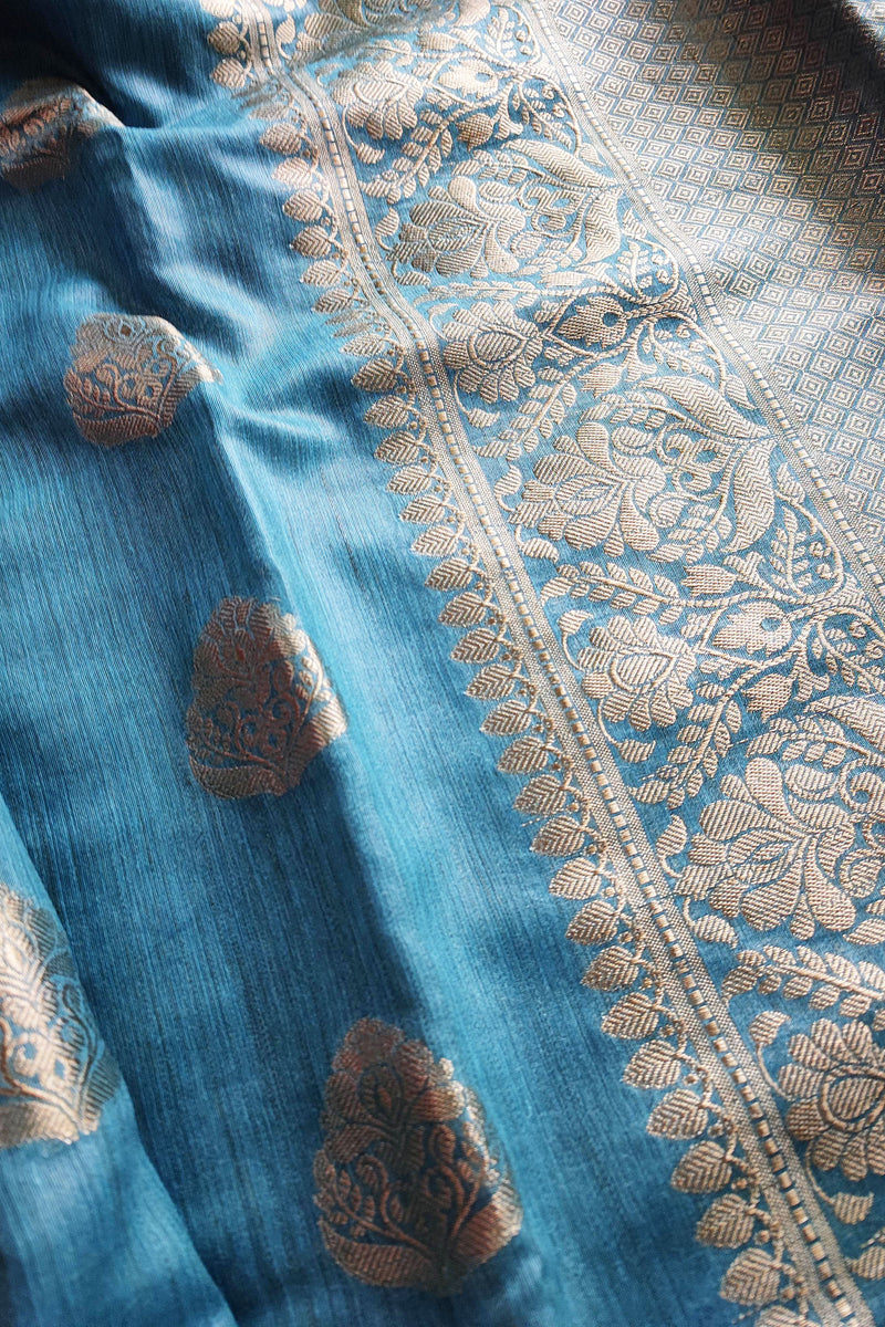 Firozi Handloom Silk Saree with Zari Work and Border