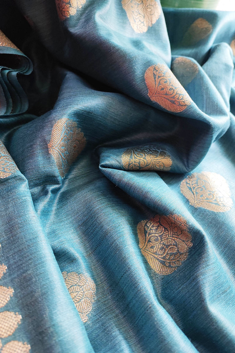 Firozi Handloom Silk Saree with Zari Work and Border