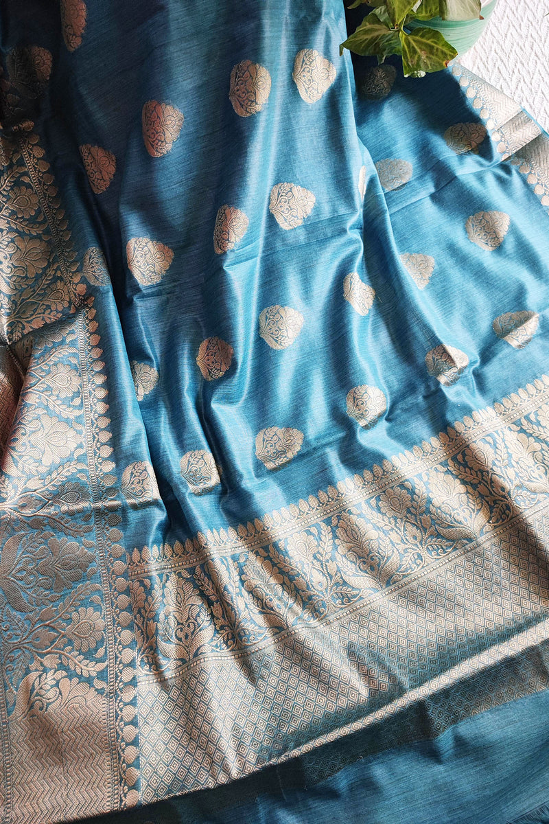Firozi Handloom Silk Saree with Zari Work and Border