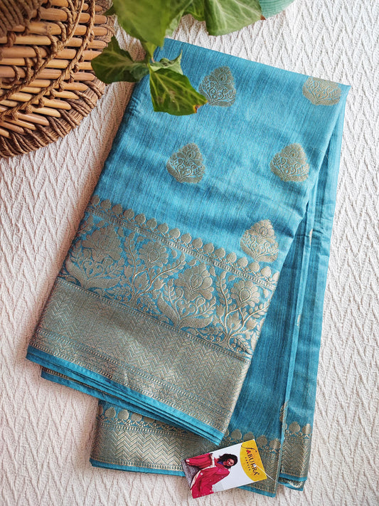 Firozi Handloom Silk Saree with Zari Work and Border