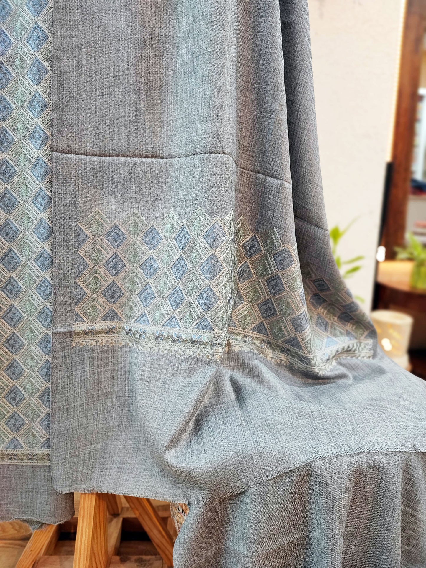 Gray Pure Wool Intricately Embroidered Kurta, Pant, and Shawl Set
