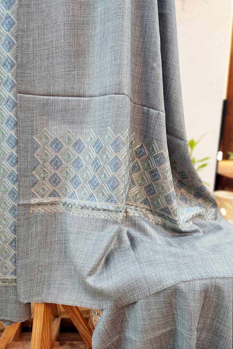 Gray Pure Wool Intricately Embroidered Kurta, Pant, and Shawl Set