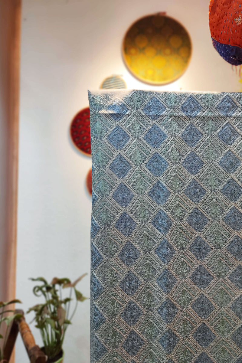 Gray Pure Wool Intricately Embroidered Kurta, Pant, and Shawl Set