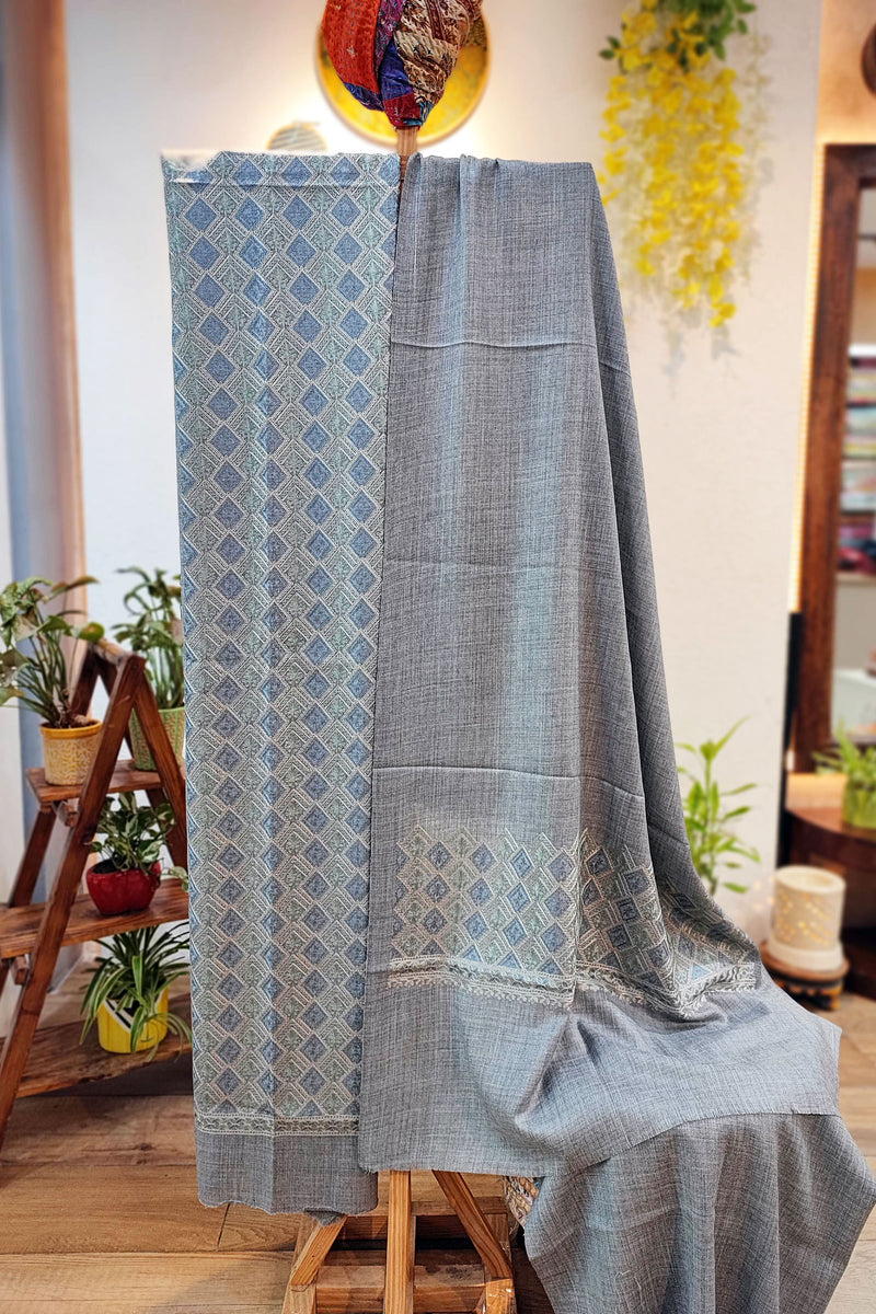 Gray Pure Wool Intricately Embroidered Kurta, Pant, and Shawl Set