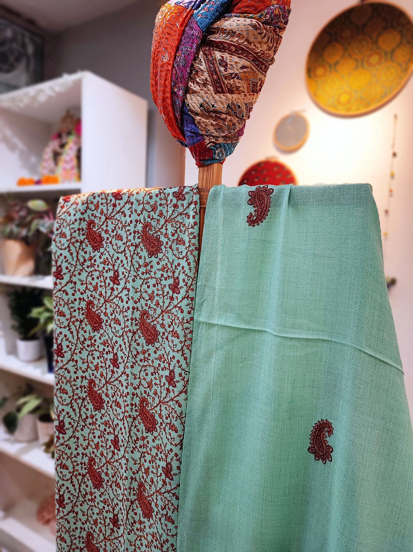 Mint Green Pure Wool Intricately Embroidered Kurta, Pant, and Shawl Set