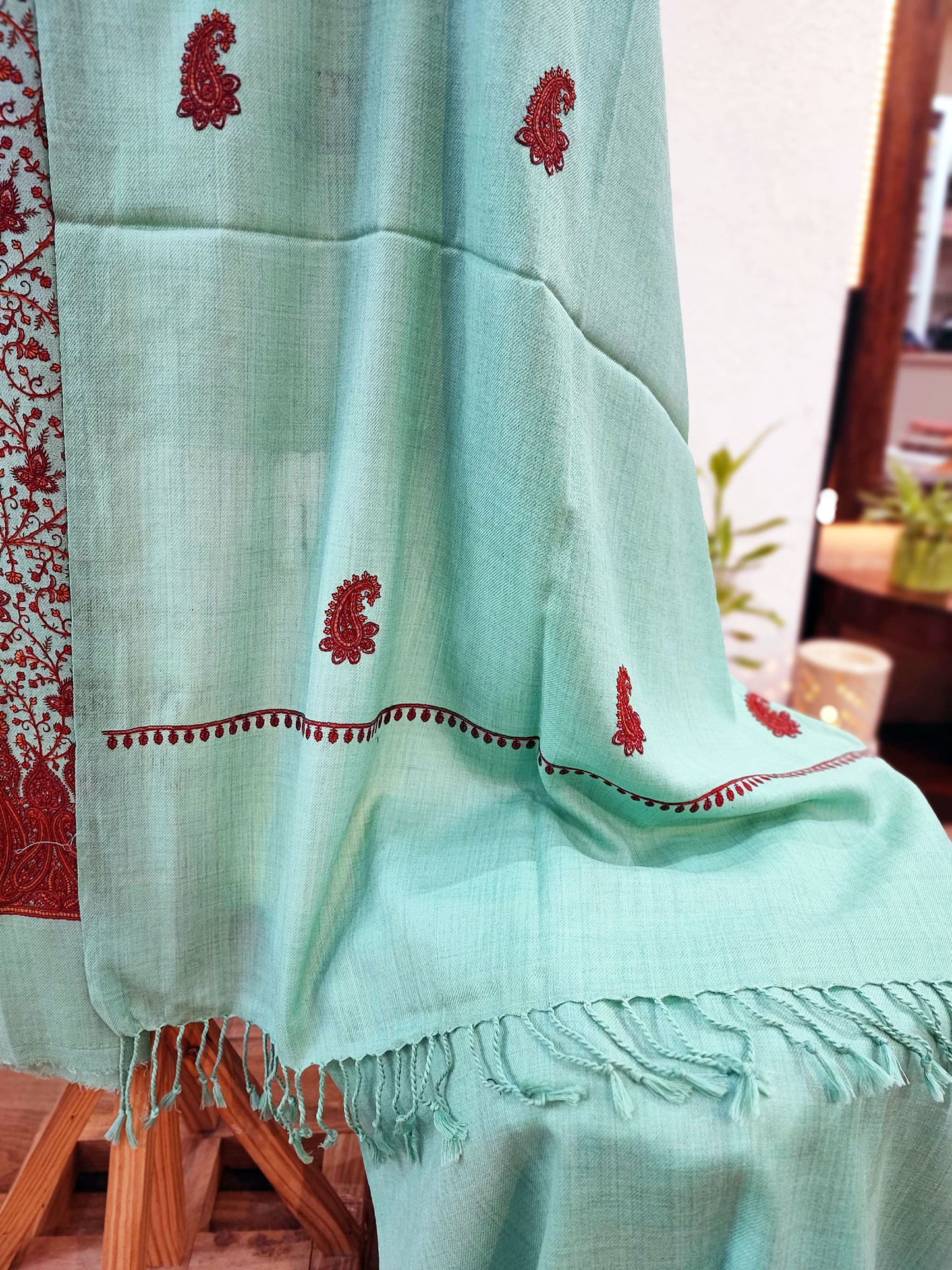 Mint Green Pure Wool Intricately Embroidered Kurta, Pant, and Shawl Set