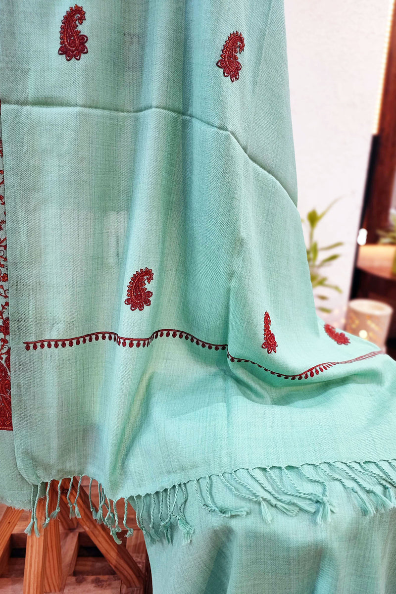 Mint Green Pure Wool Intricately Embroidered Kurta, Pant, and Shawl Set