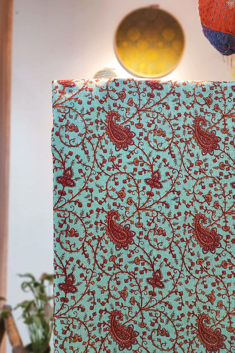 Mint Green Pure Wool Intricately Embroidered Kurta, Pant, and Shawl Set