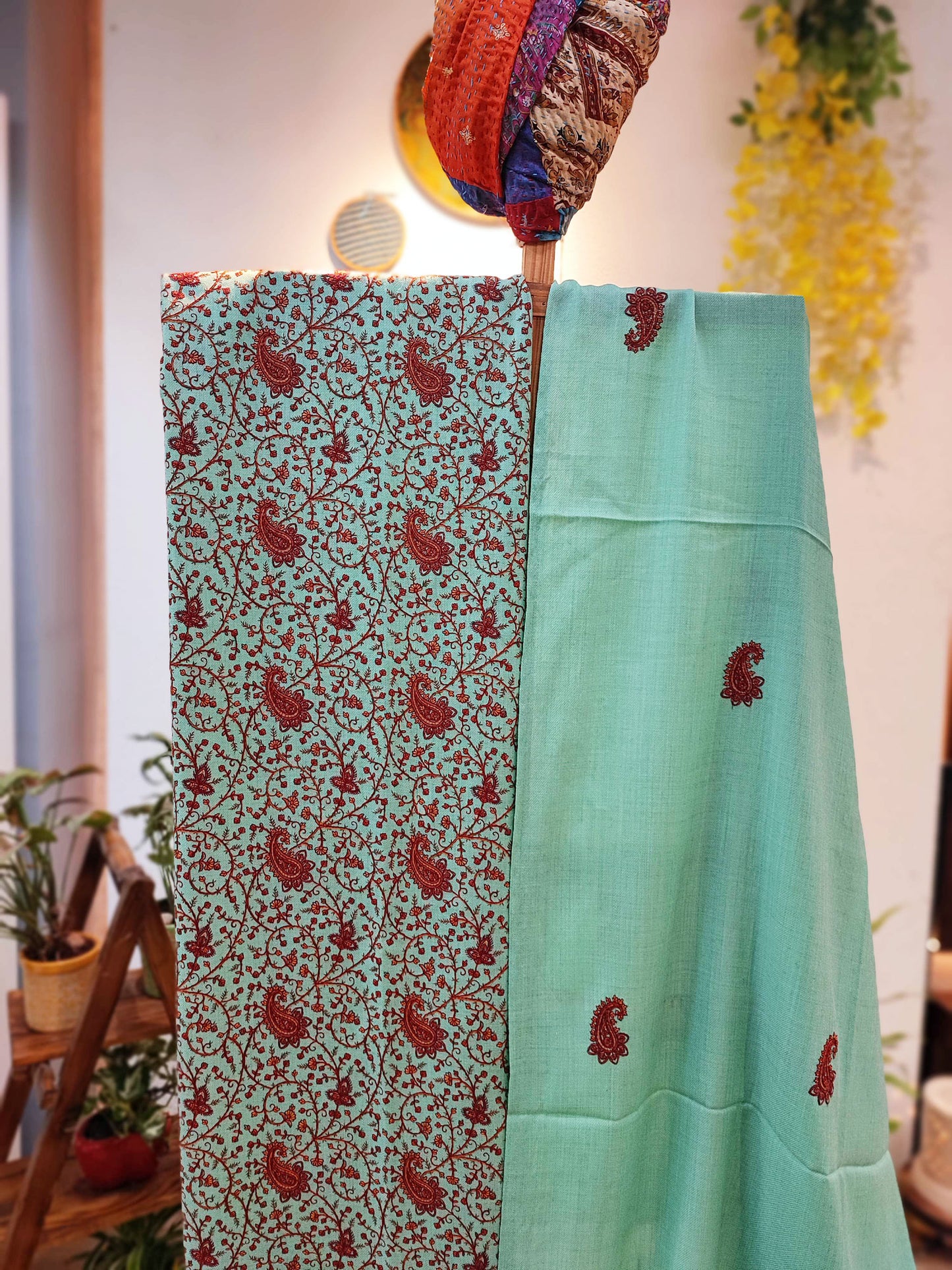 Mint Green Pure Wool Intricately Embroidered Kurta, Pant, and Shawl Set