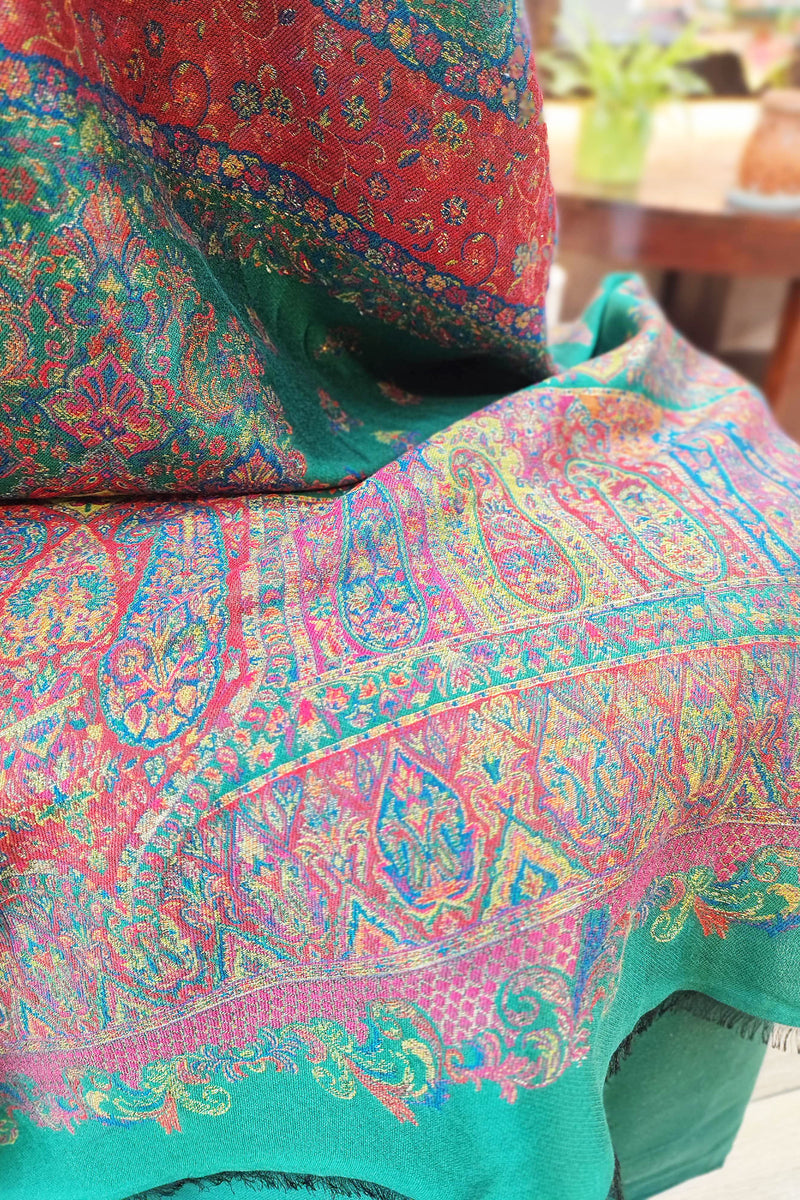 Sea Green Pure Wool Intricately Woven Kurta, Pant, and Shawl Set