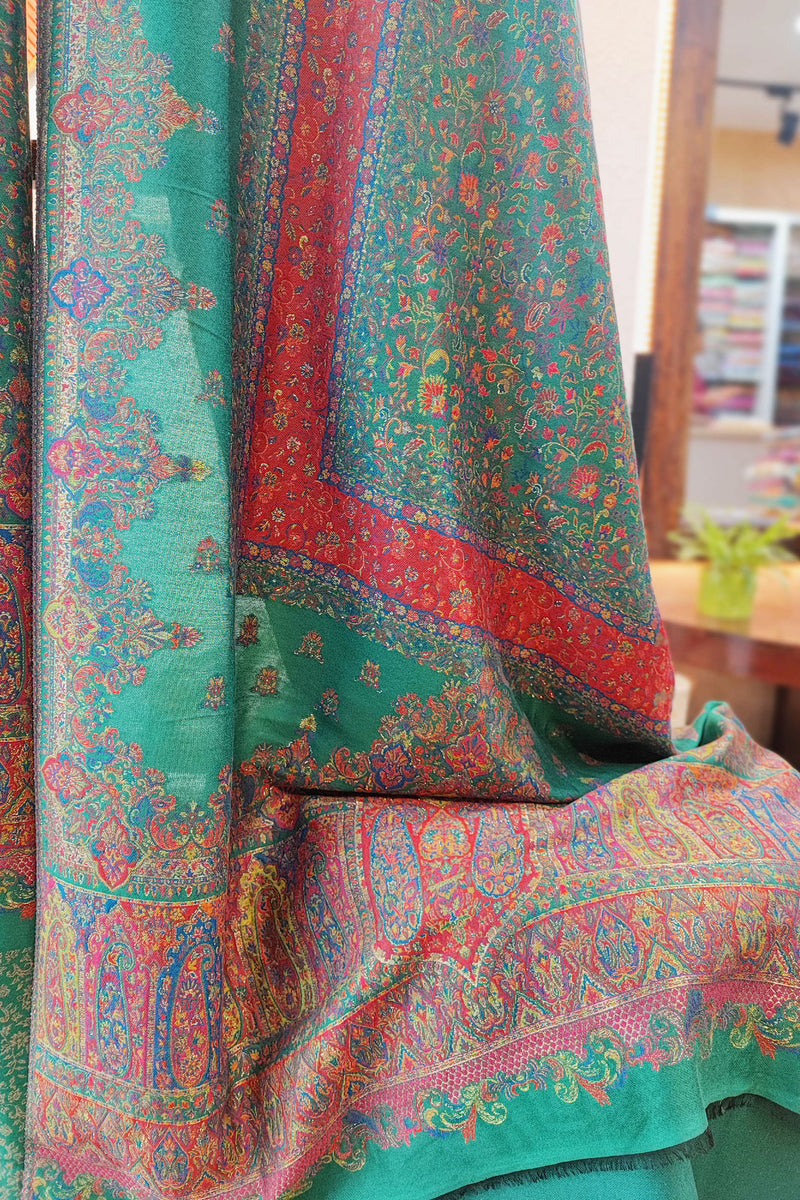 Sea Green Pure Wool Intricately Woven Kurta, Pant, and Shawl Set