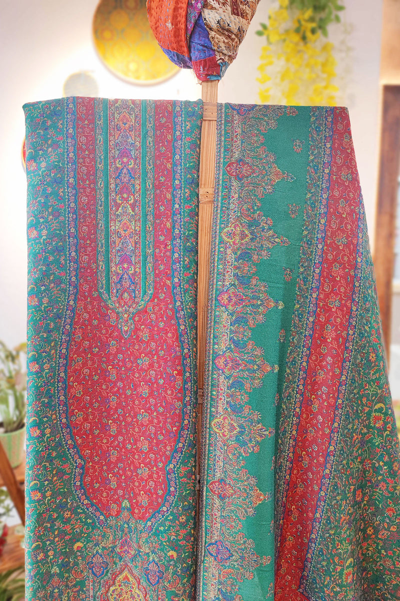 Sea Green Pure Wool Intricately Woven Kurta, Pant, and Shawl Set
