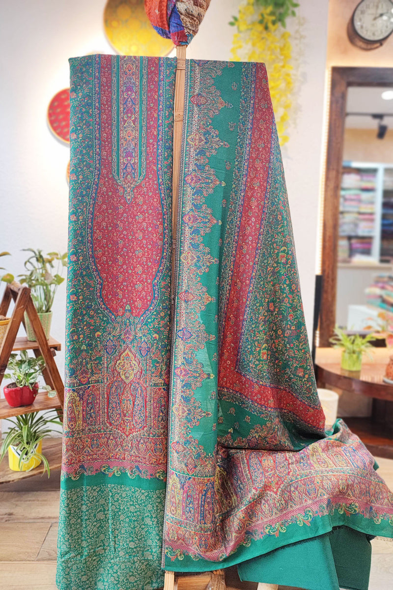 Sea Green Pure Wool Intricately Woven Kurta, Pant, and Shawl Set