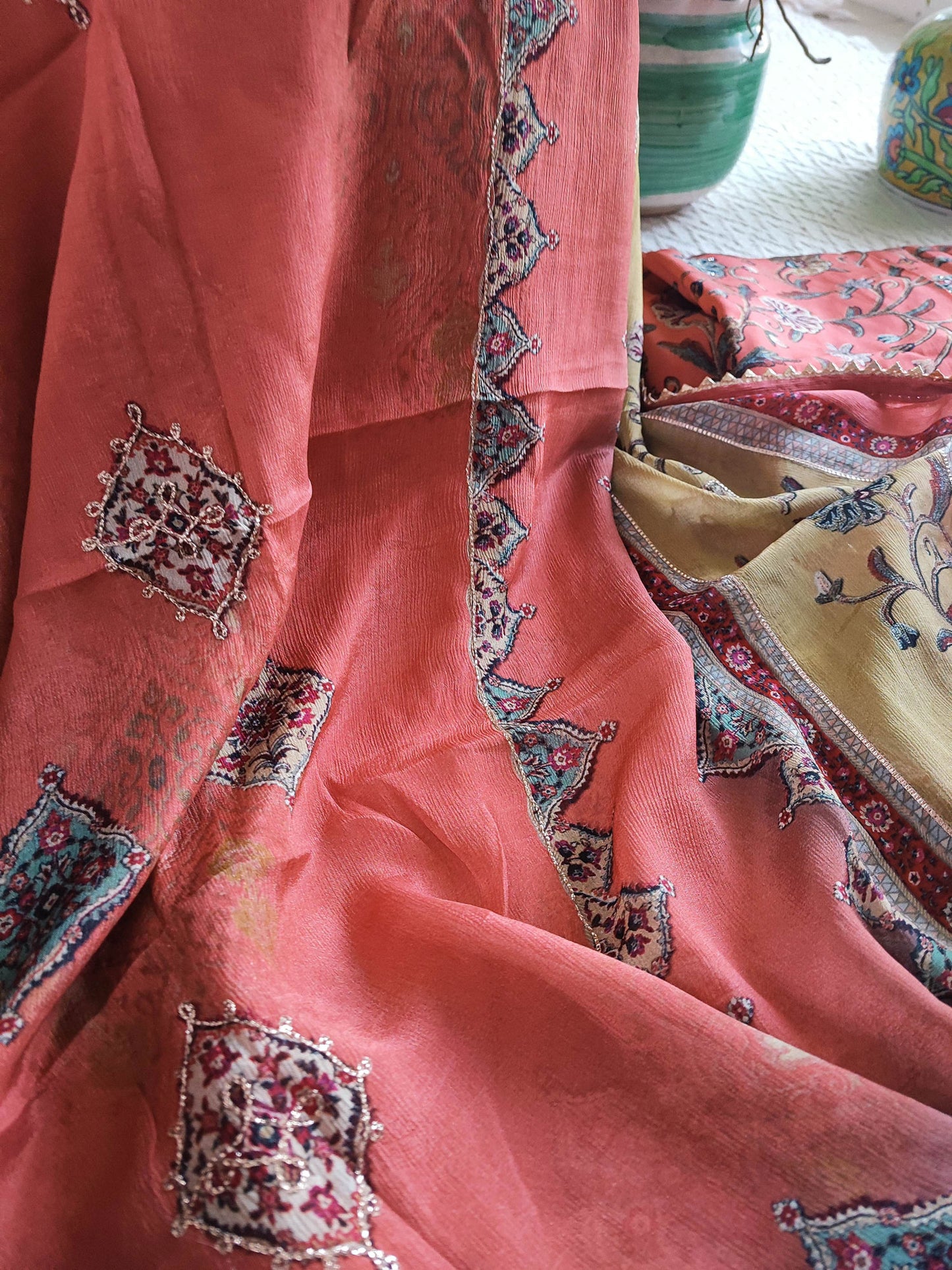 Coral Pink and Tan Pure Crepe Suit Material with Handwork