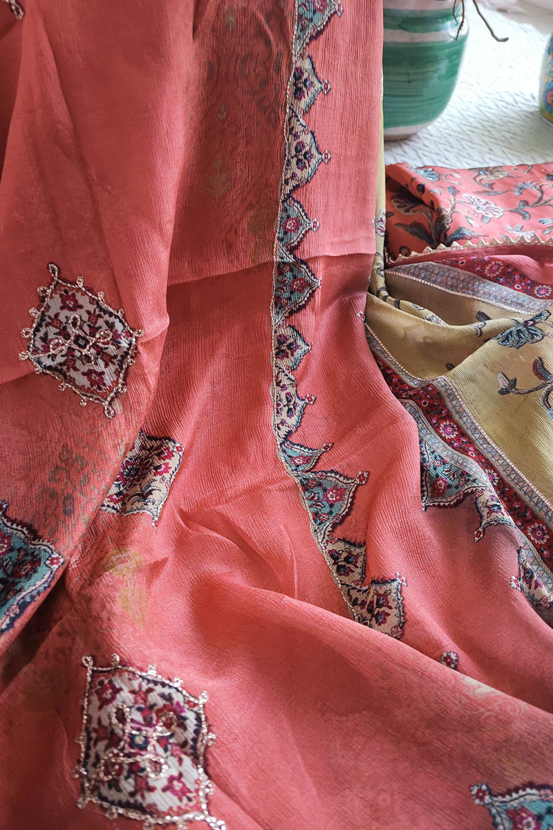 Coral Pink and Tan Pure Crepe Suit Material with Handwork