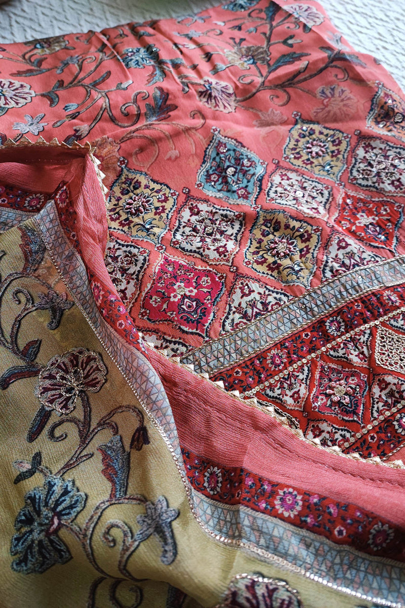 Coral Pink and Tan Pure Crepe Suit Material with Handwork