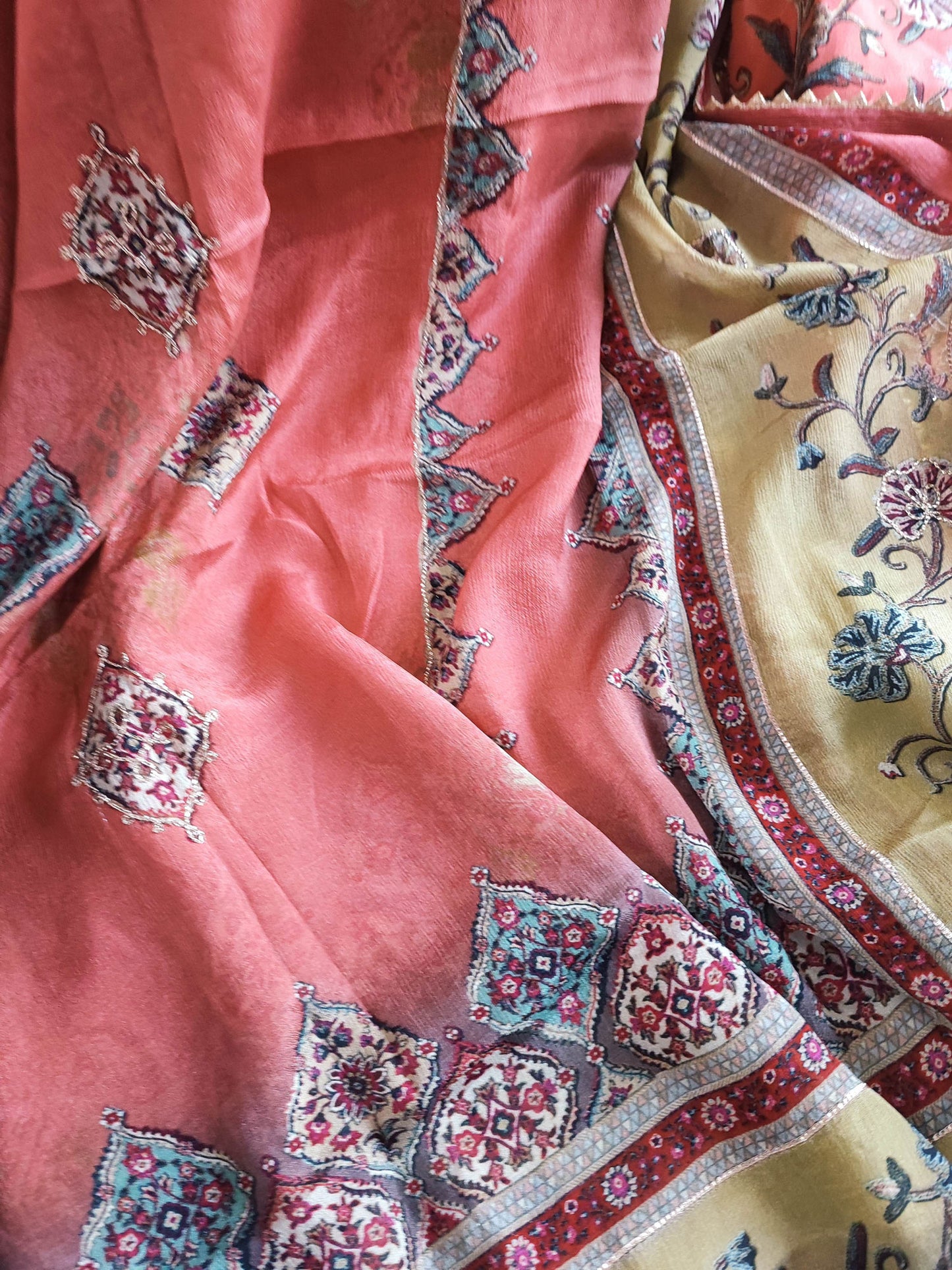 Coral Pink and Tan Pure Crepe Suit Material with Handwork