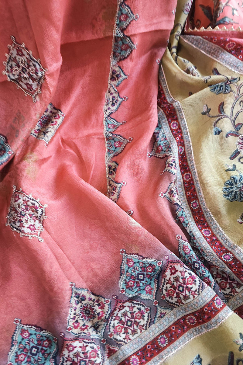 Coral Pink and Tan Pure Crepe Suit Material with Handwork