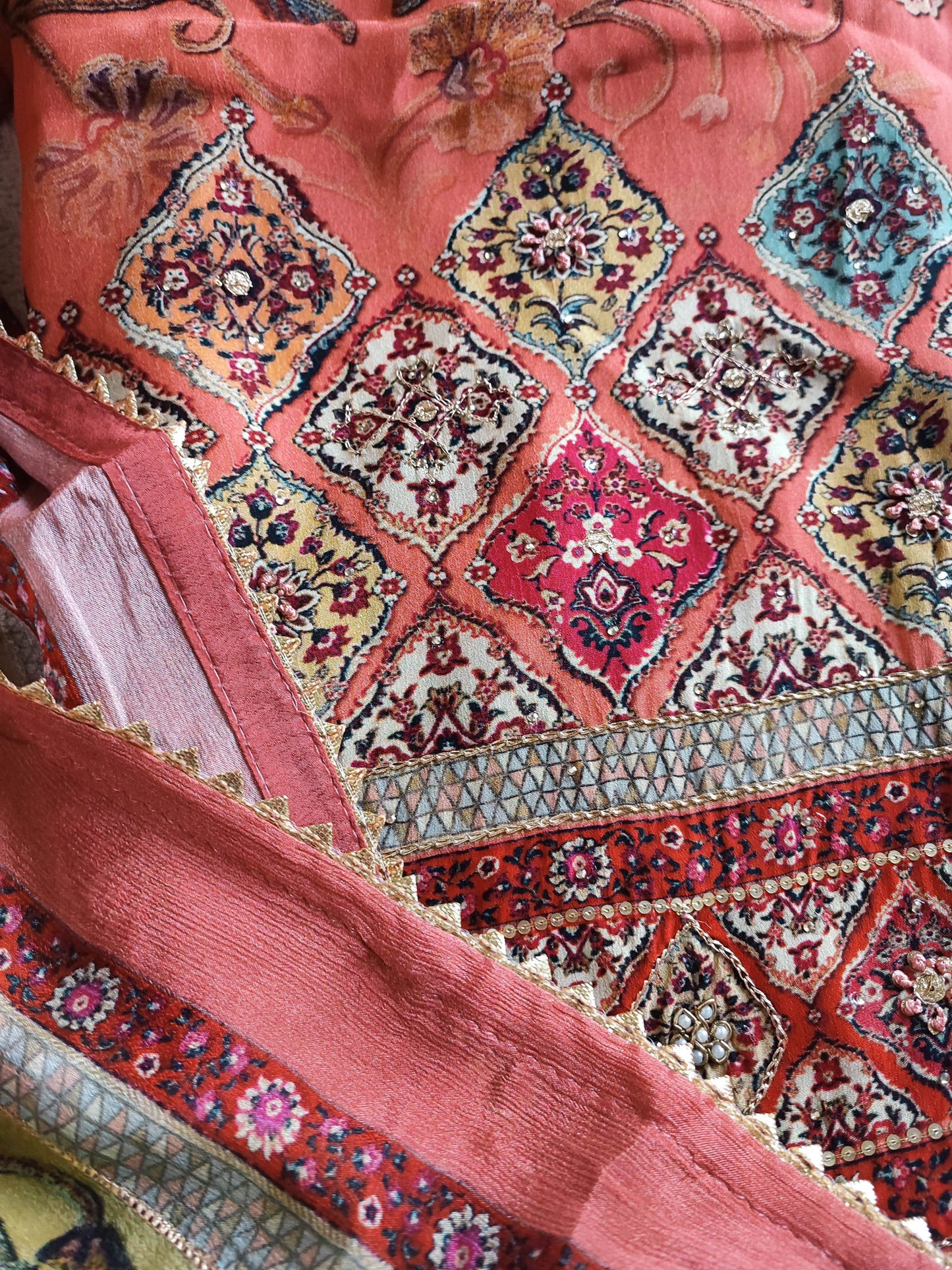 Coral Pink and Tan Pure Crepe Suit Material with Handwork