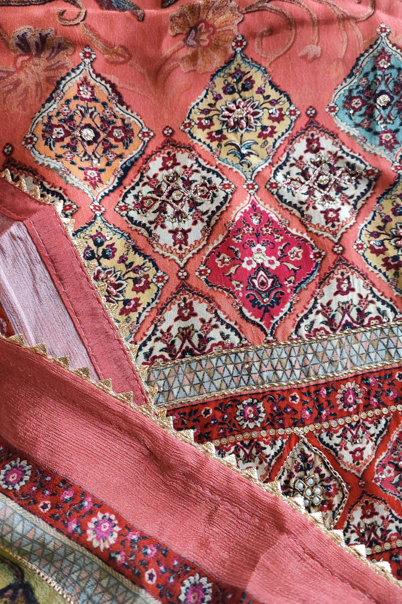 Coral Pink and Tan Pure Crepe Suit Material with Handwork