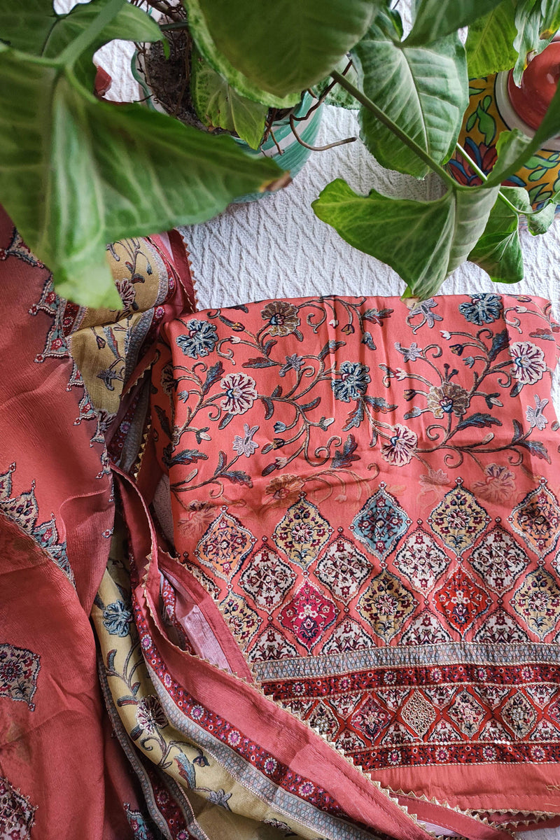 Coral Pink and Tan Pure Crepe Suit Material with Handwork