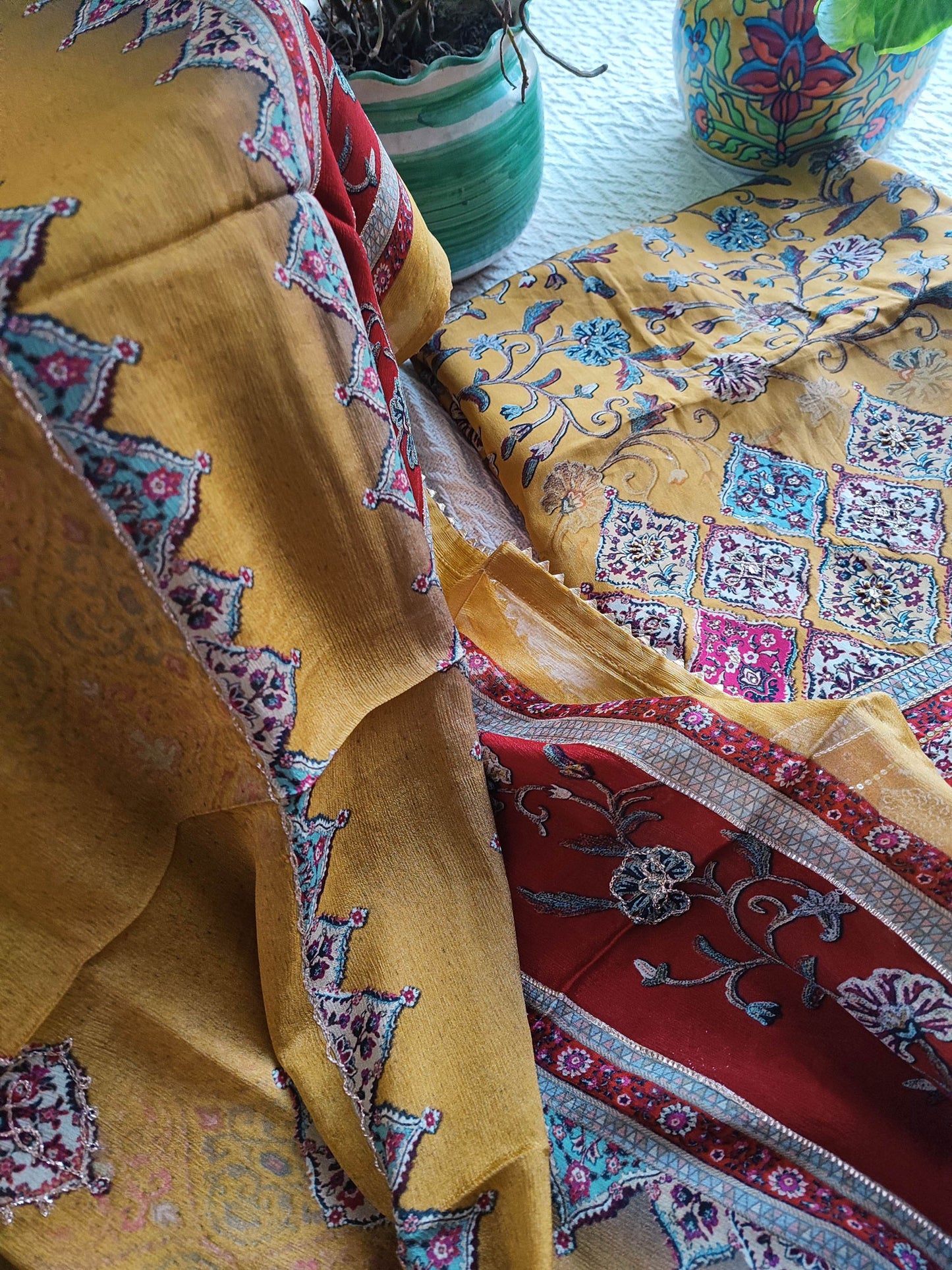 Mustard Pure Crepe Suit Material with Handwork