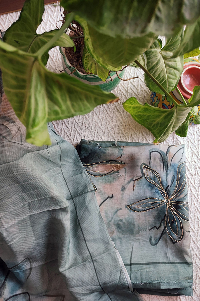 Flowy Semi-Crepe Suit with Digital Print and Light Zari Work